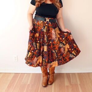 Vintage Western Novelty Print Broomstick Skirt Brown Multi Tiered Pleated‎ Midi